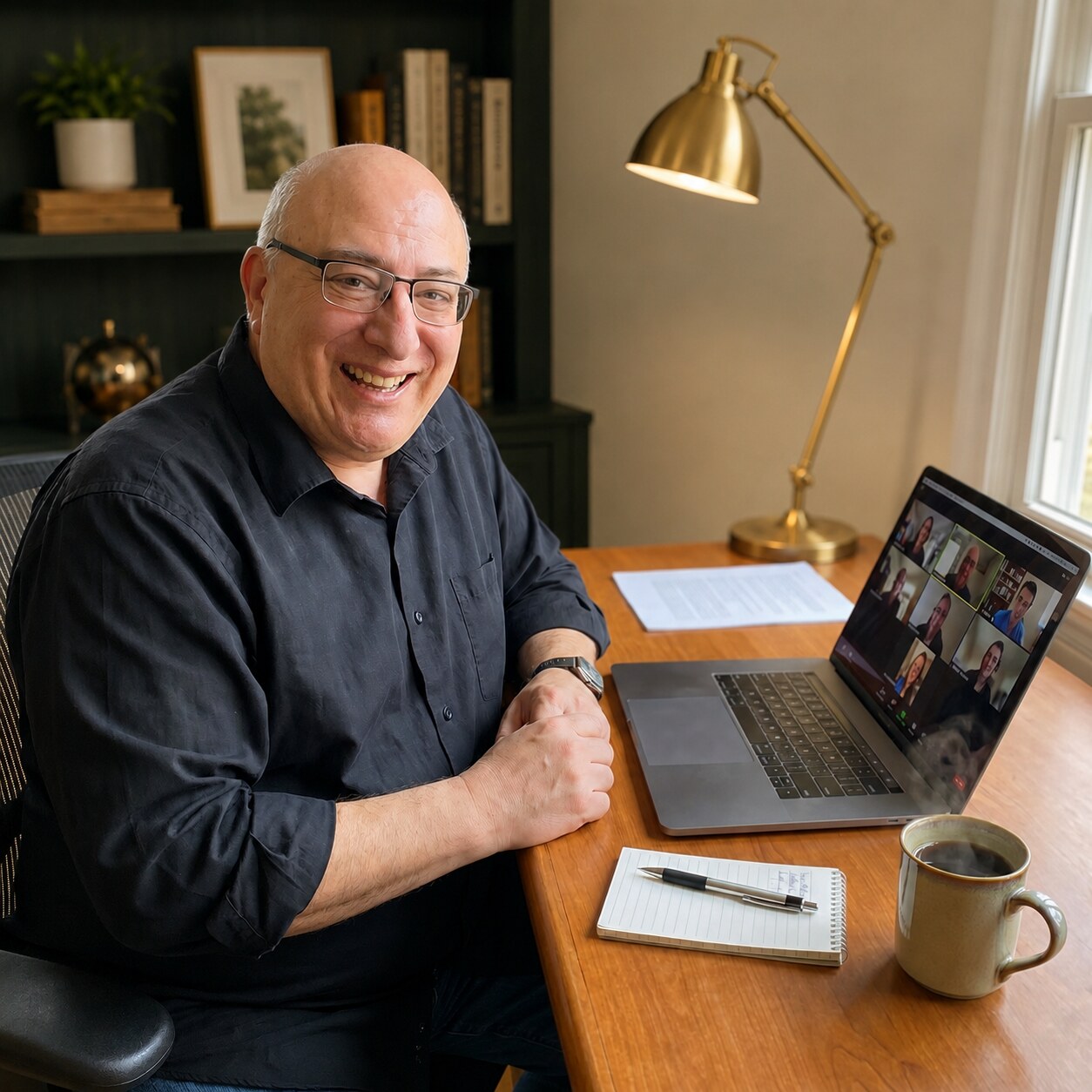 Doug Kalunian smiling at his desk during an online meeting